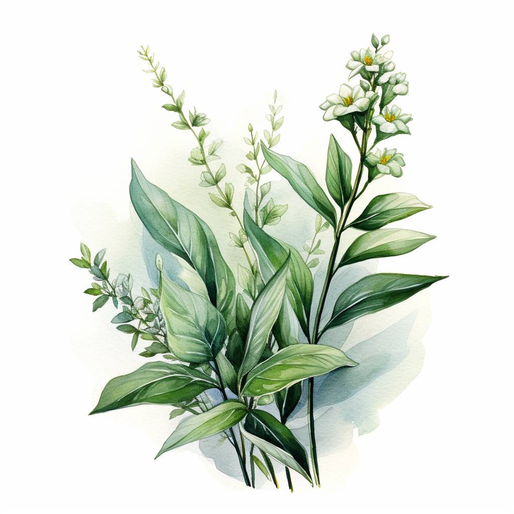 Eine Wasserfarbenmalerei von grünen Blättern mit weissen Blüten