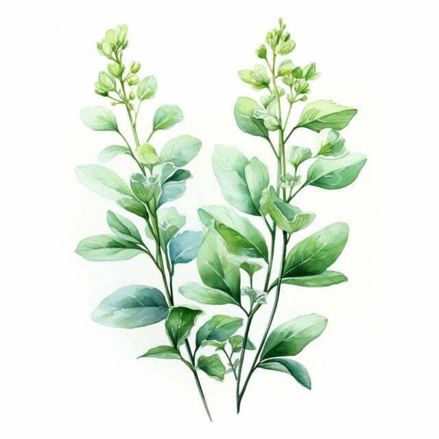 Eine Wasserfarbenmalerei von grünen Blättern.