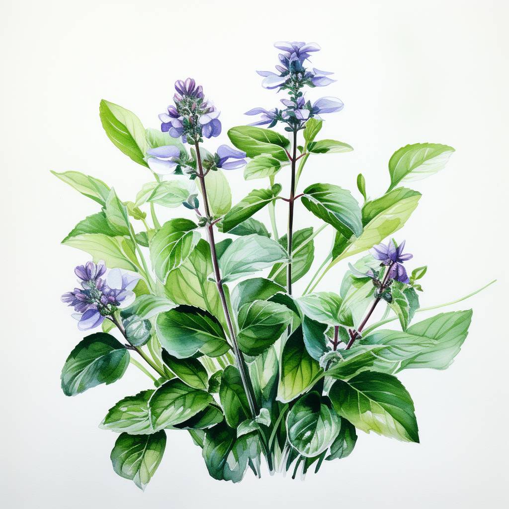 Eine Wasserfarbenmalerei von violetten Blüten und grünen Blättern.