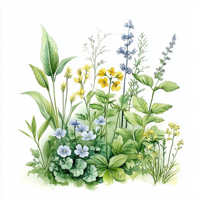 Wassermalerei verschiedener Wildkräuter