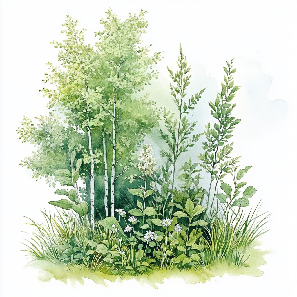 Wassermalerei verschiedener Wildkräuter vor einem Wald