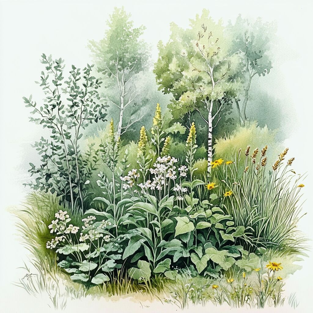 Wassermalerei verschiedener Wildkräuter vor einem Wald