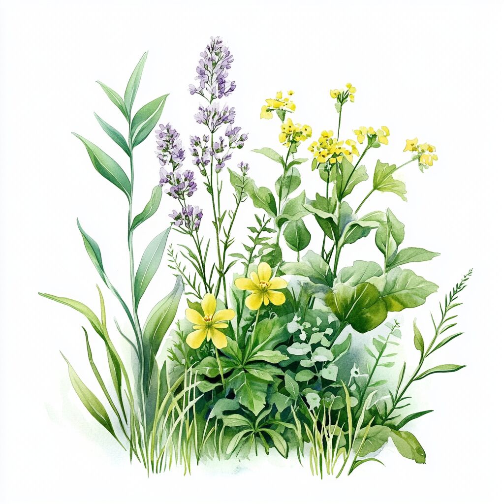Wassermalerei verschiedener Wildkräuter