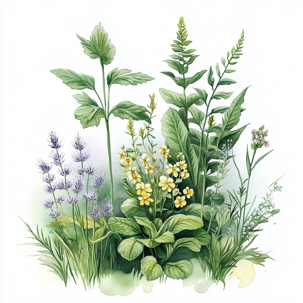 Wassermalerei verschiedener Wildkräuter