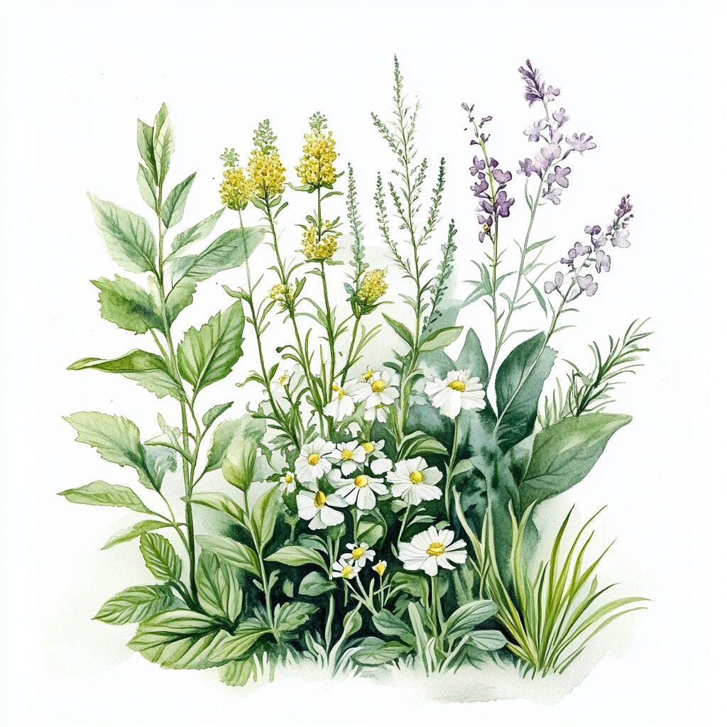 Wassermalerei verschiedener Wildkräuter