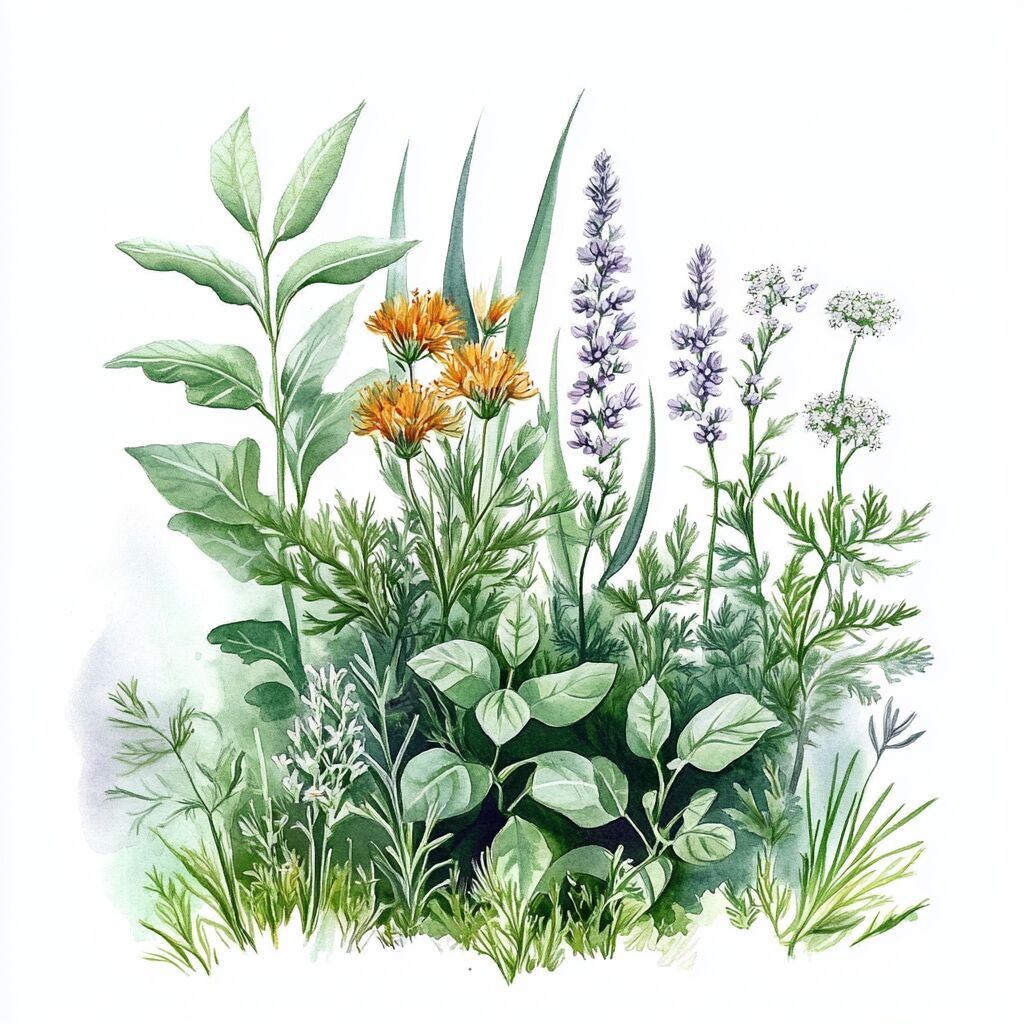 Wassermalerei verschiedener Wildkräuter