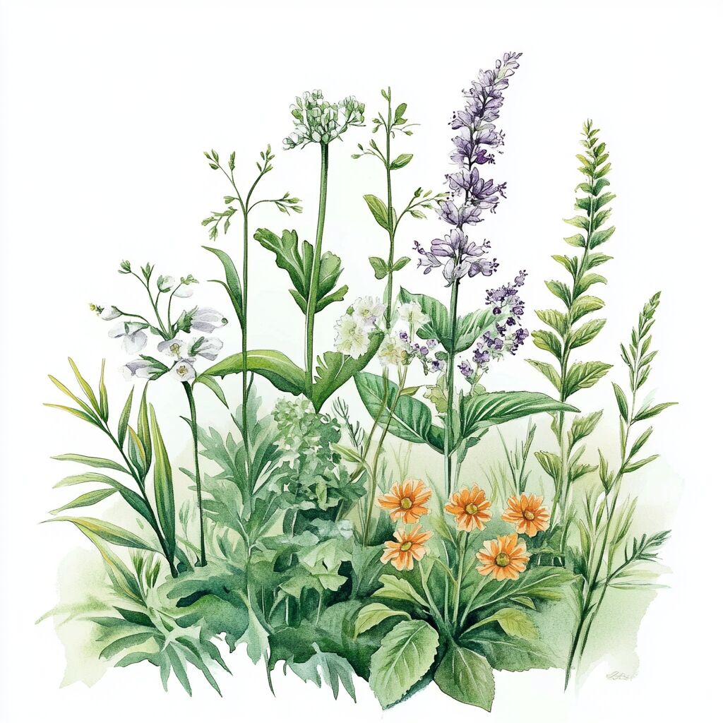 Wassermalerei verschiedener Wildkräuter