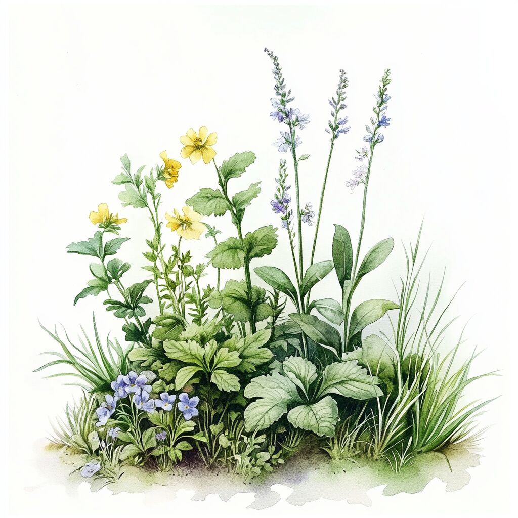 Wassermalerei verschiedener Wildkräuter