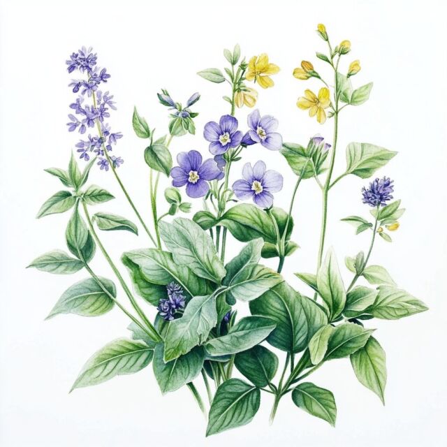 Wassermalerei verschiedener Wildkräuter