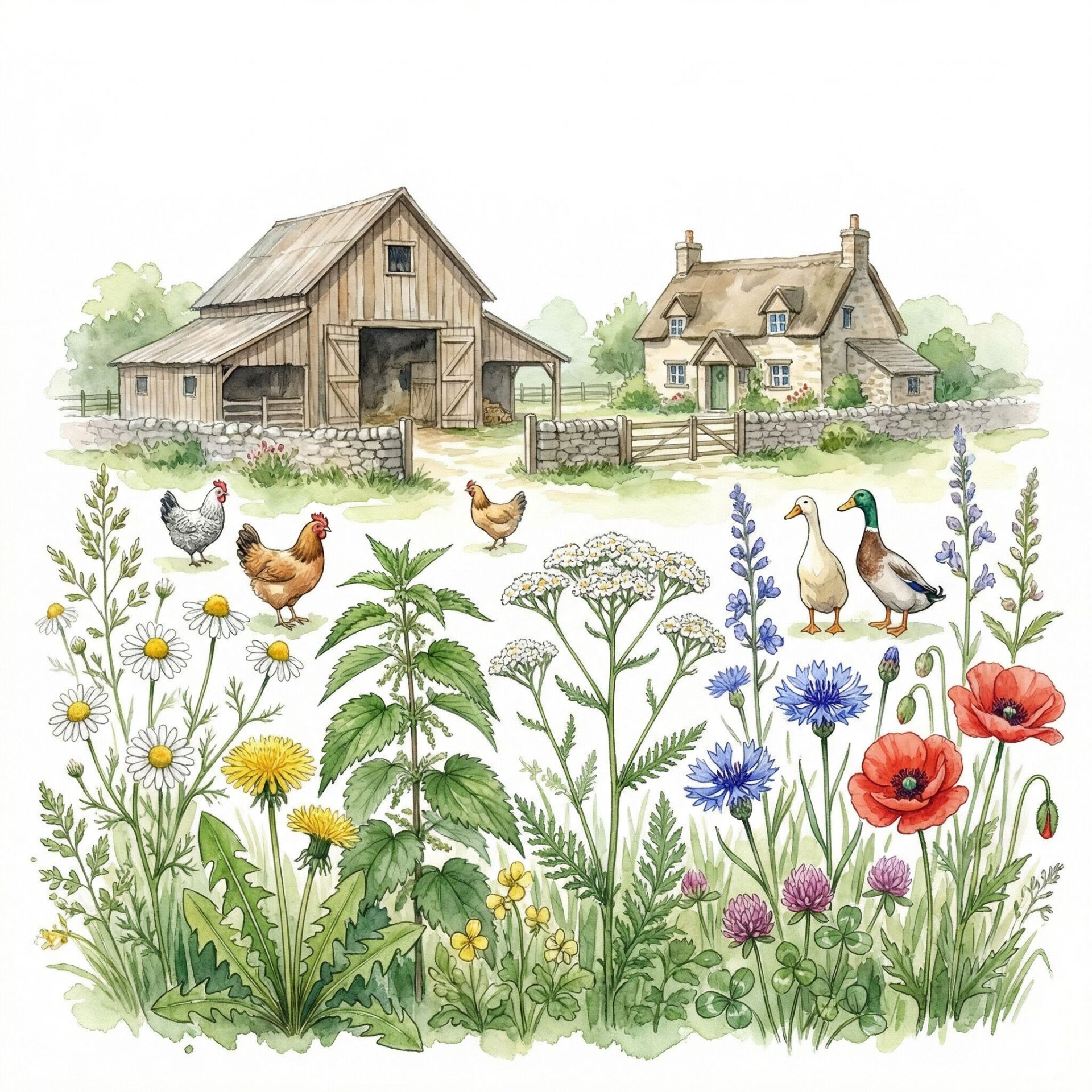 Zeichnung eines Bauernhofs mit Wildkräutern